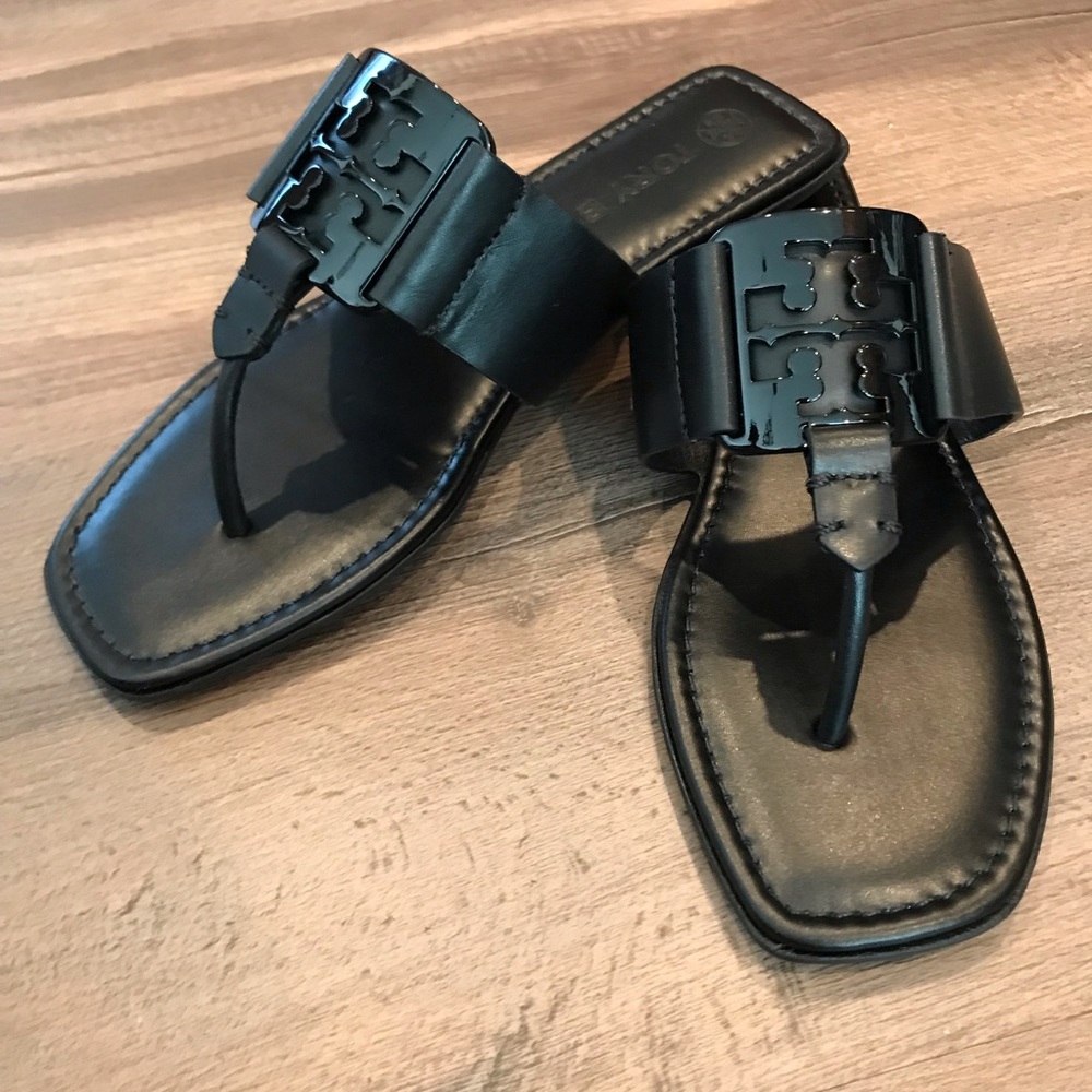 New Tory Burch Georgia Sandal, Black Leather Sandals, Flip Flops, Summer Slides